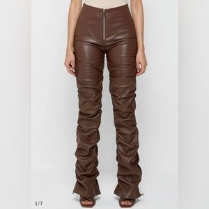 Brown Vegan Leather Stacked Pants. Maniere De Voir.